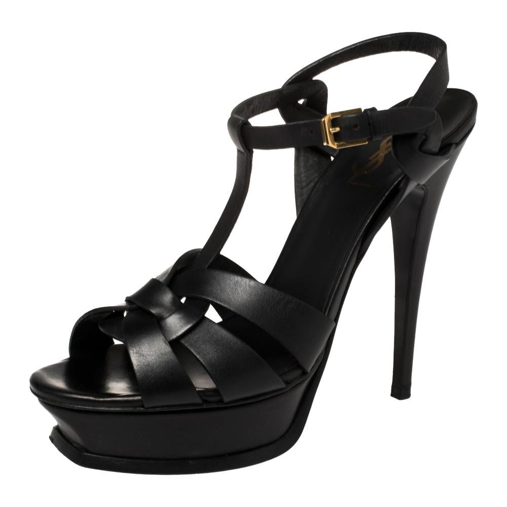 Saint Laurent Black Leather Tribute Platform Ankle Strap Sandals Size 39.5