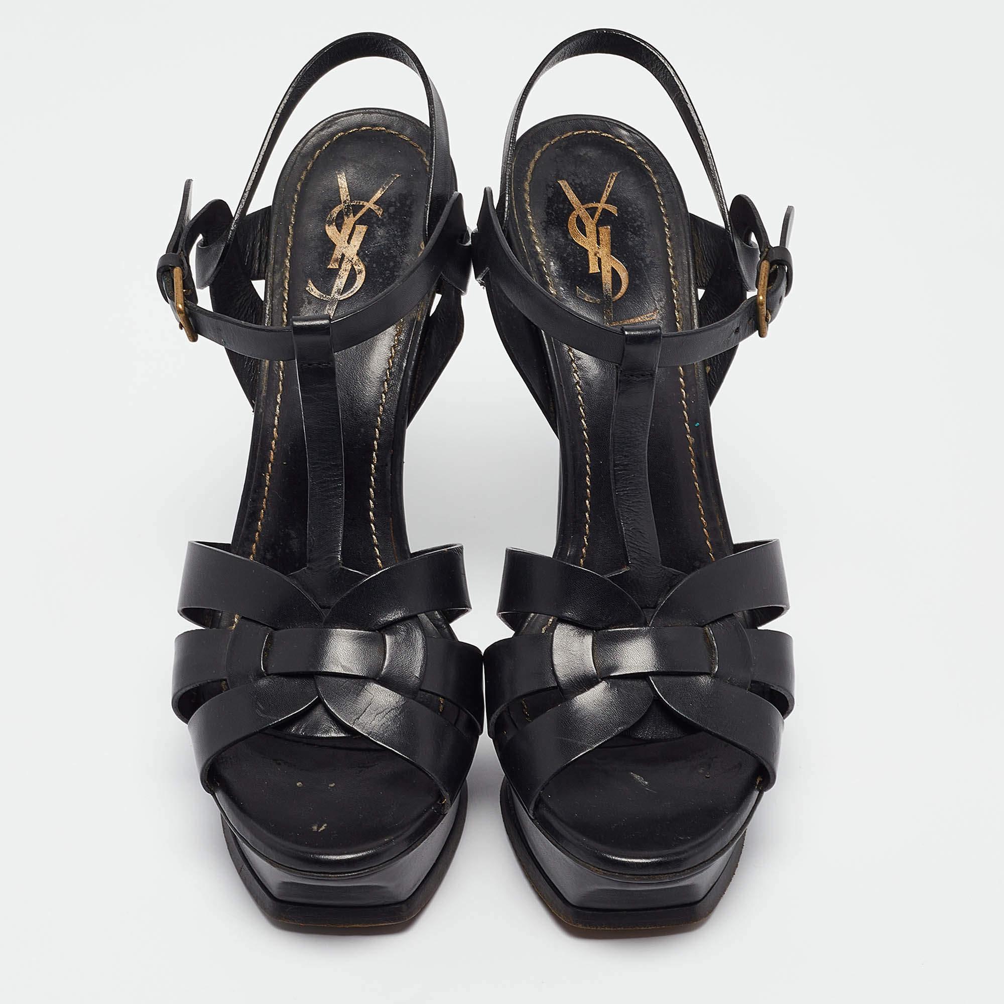 Saint Laurent Black Leather Tribute Sandals Size 39.5 In Fair Condition In Dubai, Al Qouz 2