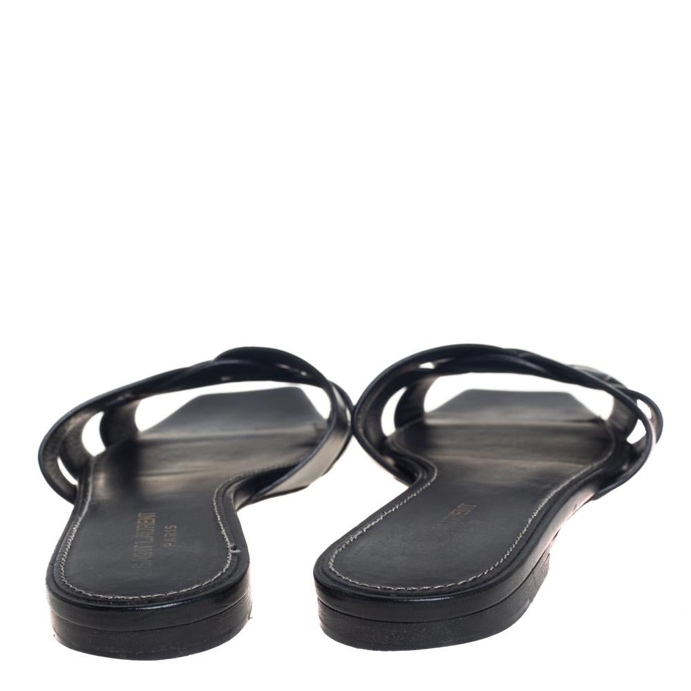 Saint Laurent Black Leather Tribute Slide Sandals Size 40 In Good Condition In Dubai, Al Qouz 2