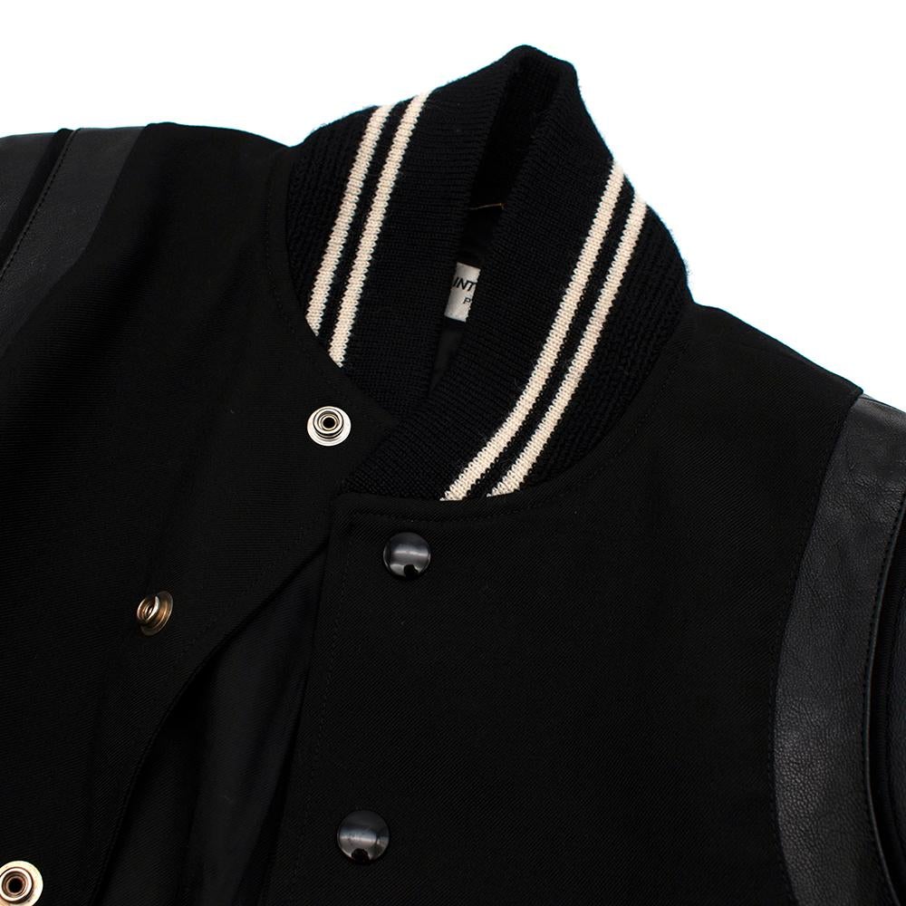 Saint Laurent Black Leather Trimmed Teddy Varsity Jacket XXS 2