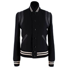 Saint Laurent Black Leather Trimmed Teddy Varsity Jacket XXS