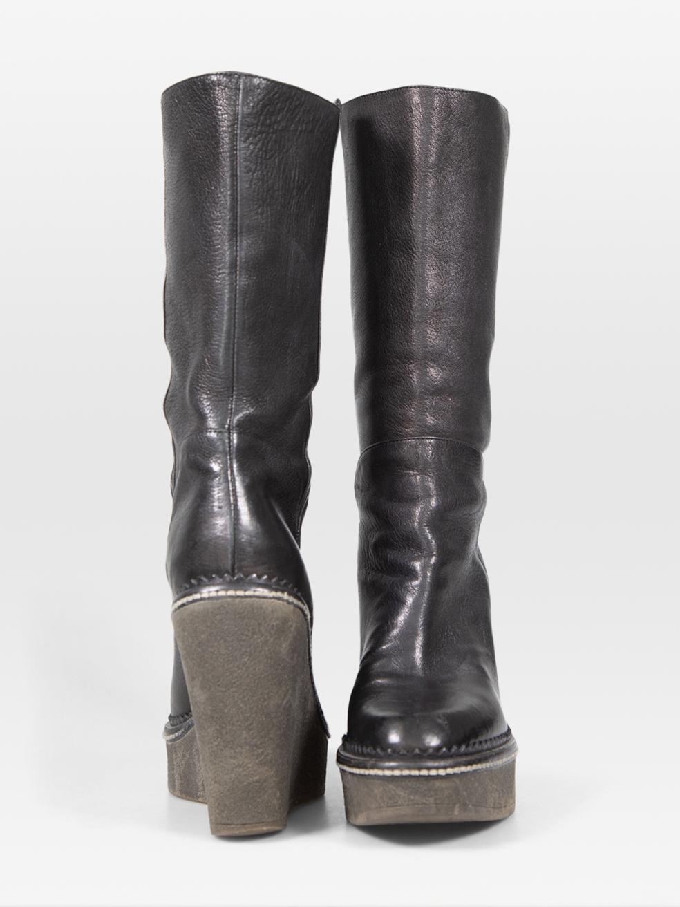 Saint Laurent Black Leather Wedge Mid Calf Boots Size IT 36 In Good Condition For Sale In London, GB