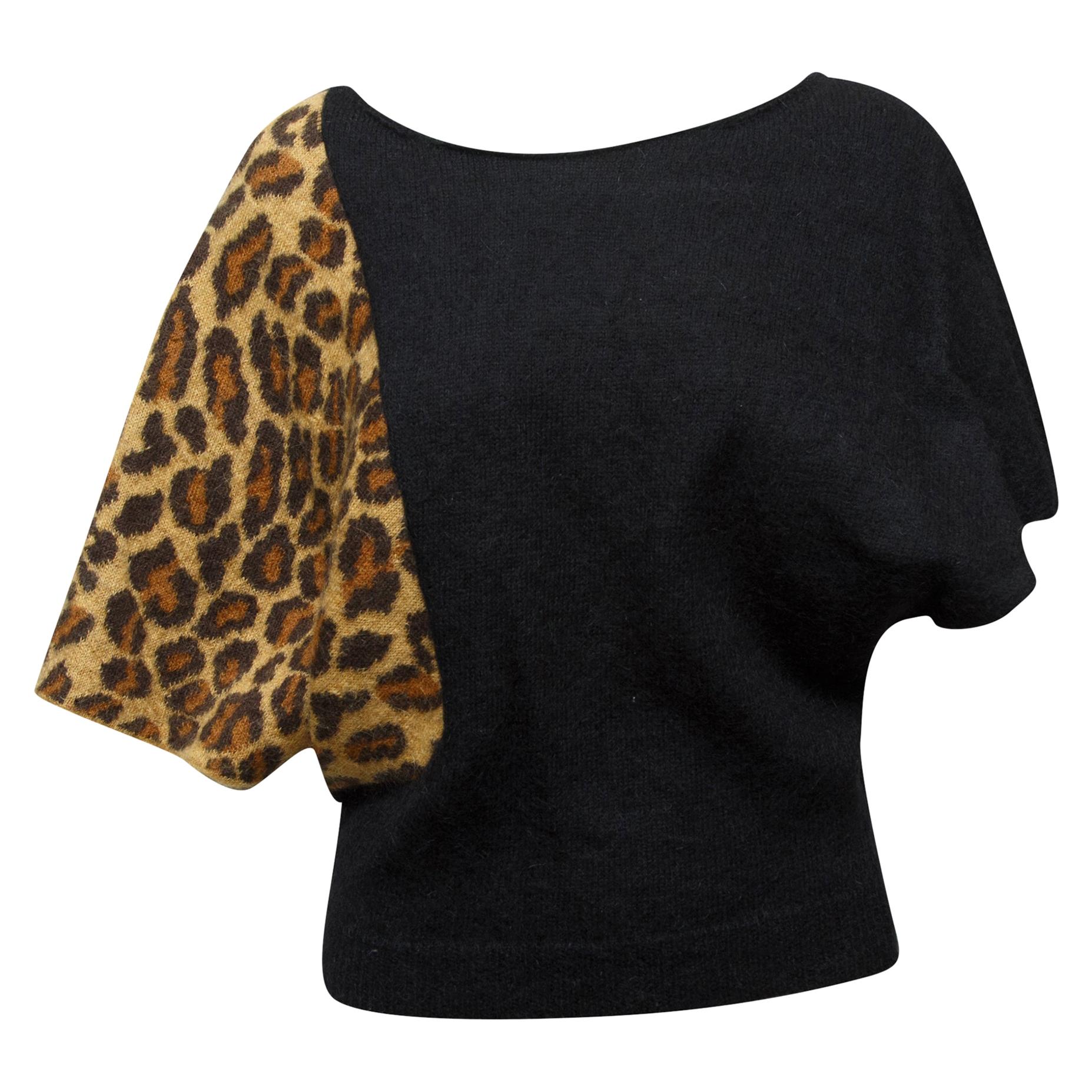 Saint Laurent Black & Leopard Print Dolman Sleeve Sweater