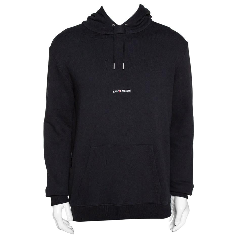 Saint Laurent Black Logo Print Cotton Hooded Sweatshirt L at 1stDibs