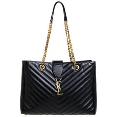 Saint Laurent Black Matelasse Leather Cassandre Shopper Tote