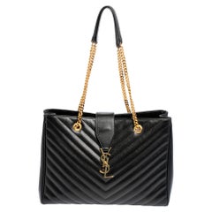Saint Laurent Black Matelassé Leather Cassandre Shopper Tote