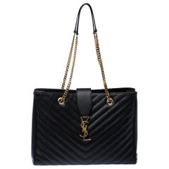 Saint Laurent Black Matelasse Leather Cassandre Shopper Tote