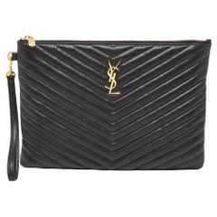 Saint Laurent Black Matelasse Leather Cassandre Tablet Pouch