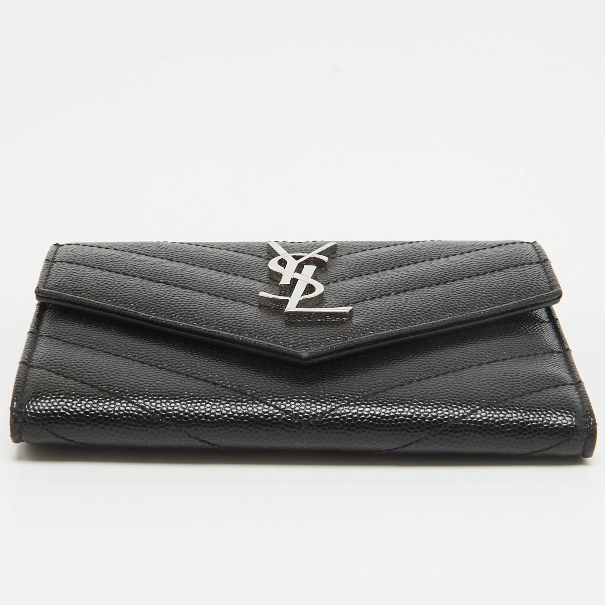 Saint Laurent Black Matelasse Leather Cassandre Trifold Wallet For Sale 6