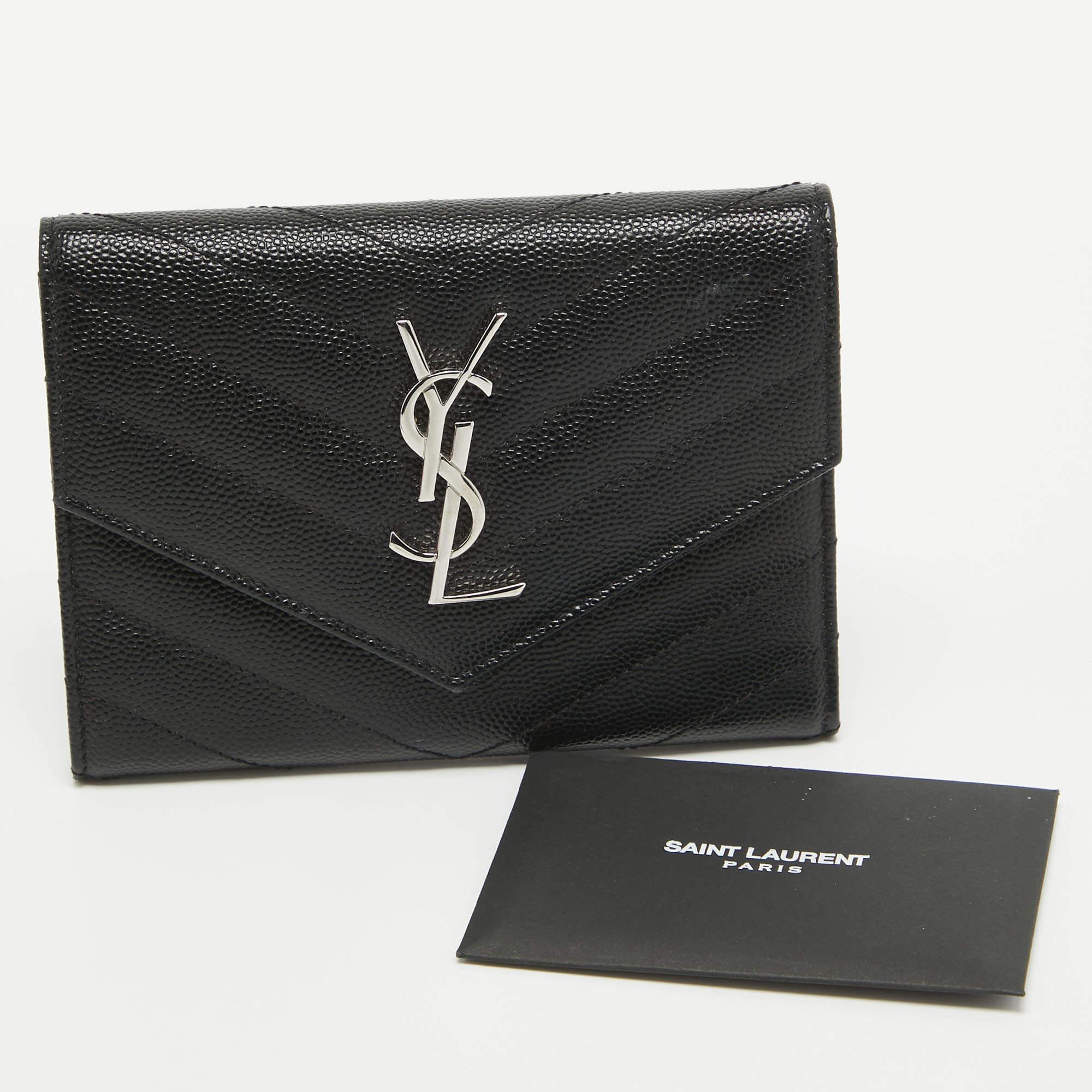 Saint Laurent Black Matelasse Leather Cassandre Trifold Wallet For Sale 7