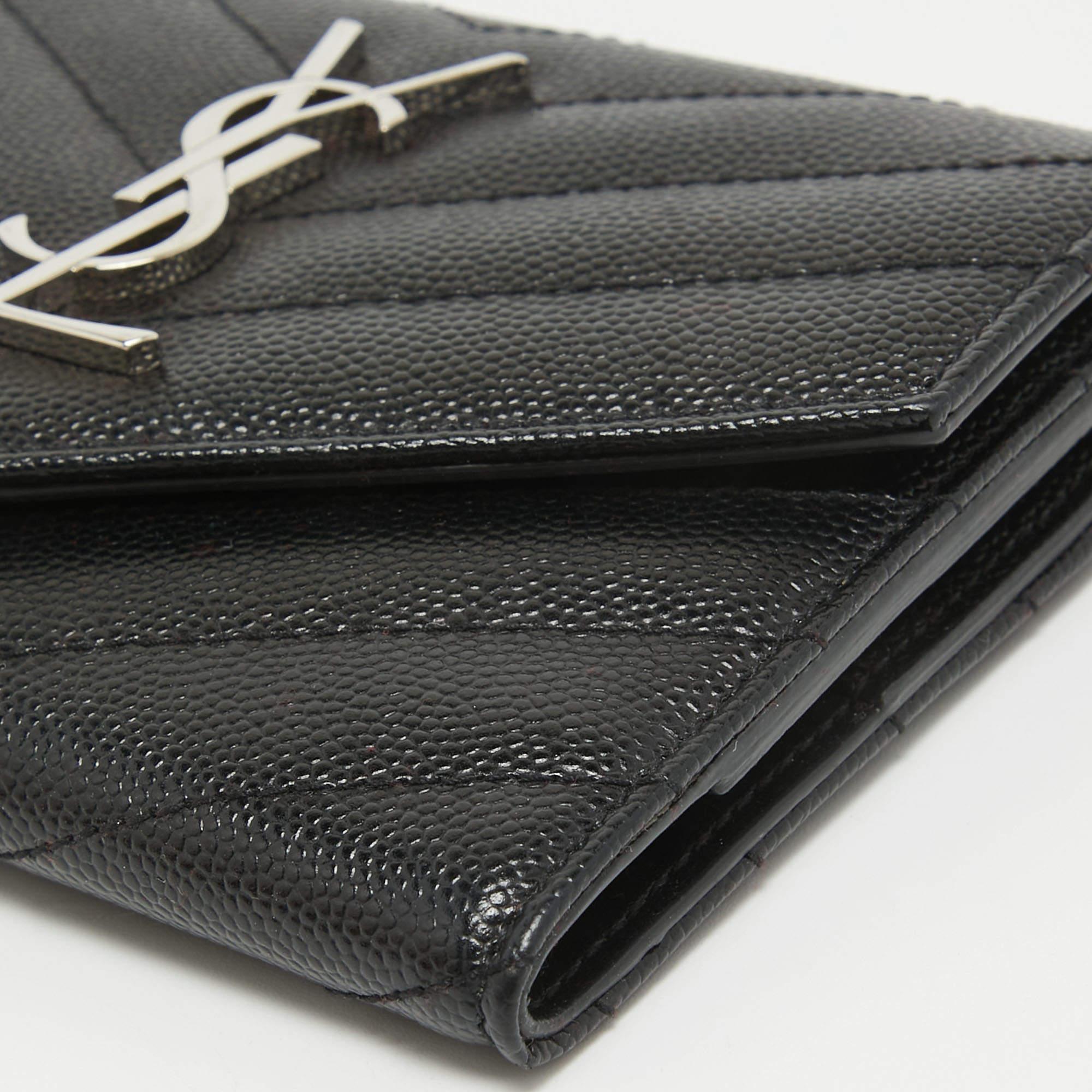 Saint Laurent Black Matelasse Leather Cassandre Trifold Wallet For Sale 2