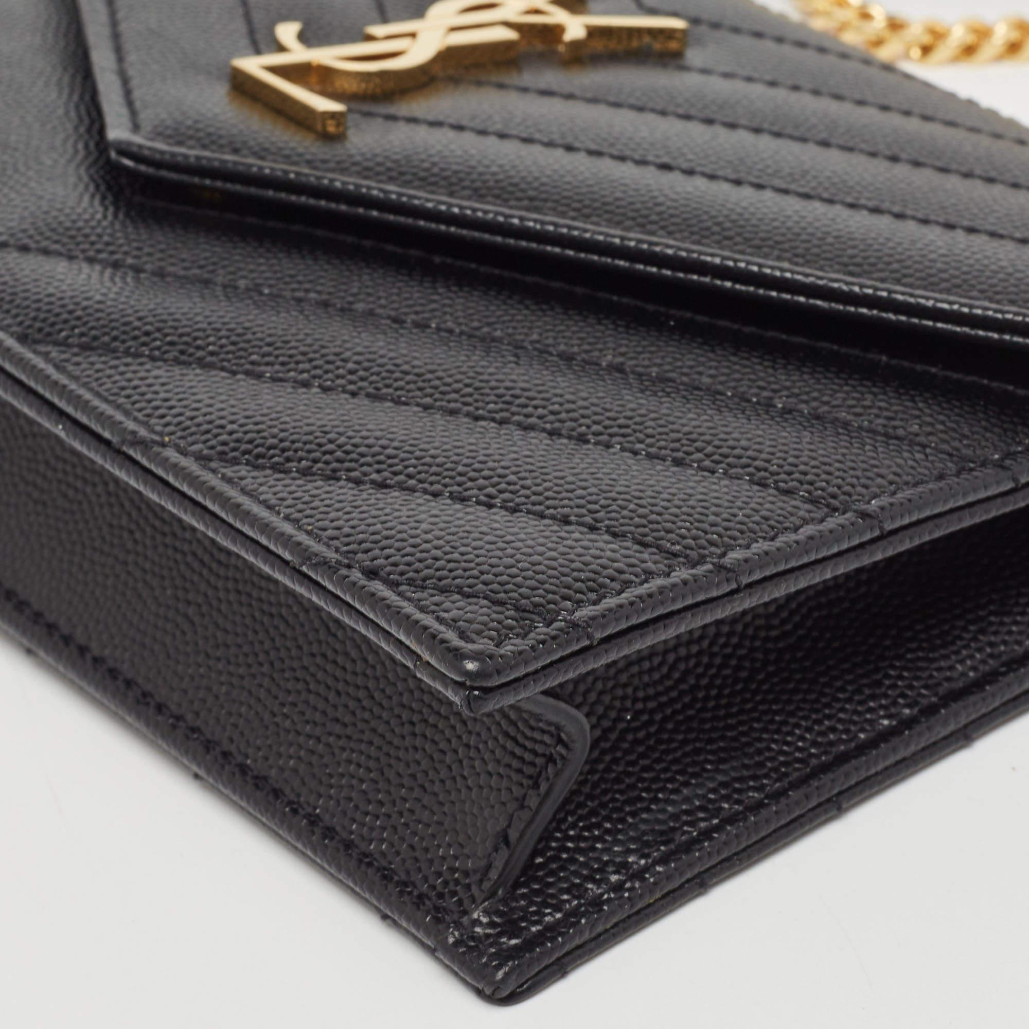 Saint Laurent Black Matelassé Leather Cassandre Wallet on Chain 6