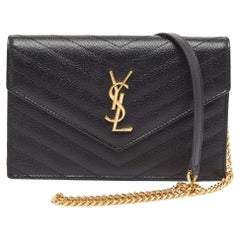 Saint Laurent Black Matelassé Leather Cassandre Wallet on Chain