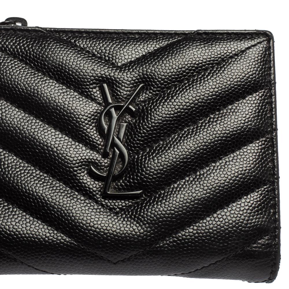 Saint Laurent Black Matelassé Leather Flap Zip Compact Wallet In Good Condition In Dubai, Al Qouz 2