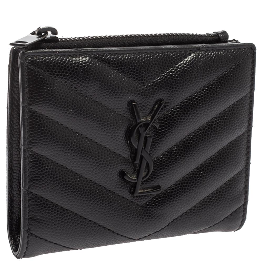 Saint Laurent Black Matelassé Leather Flap Zip Compact Wallet 4