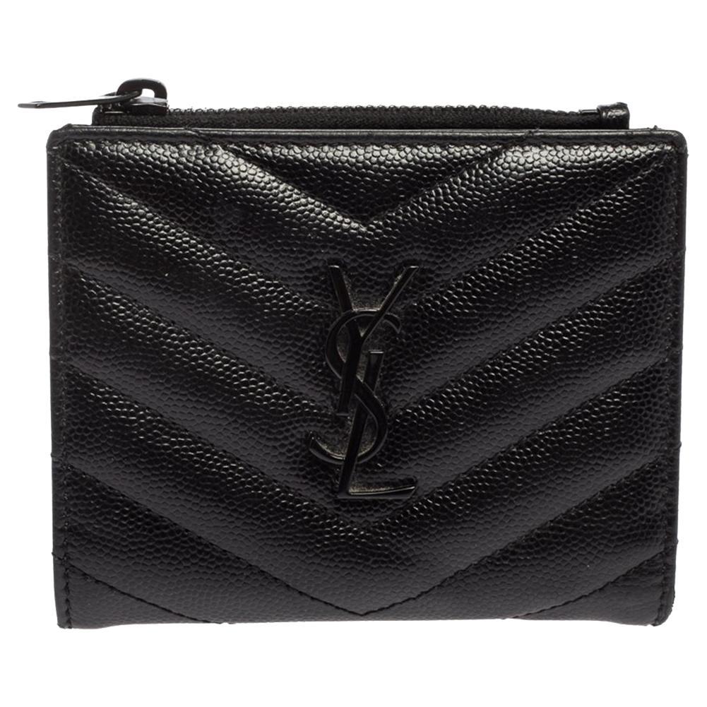 Saint Laurent Black Matelassé Leather Flap Zip Compact Wallet