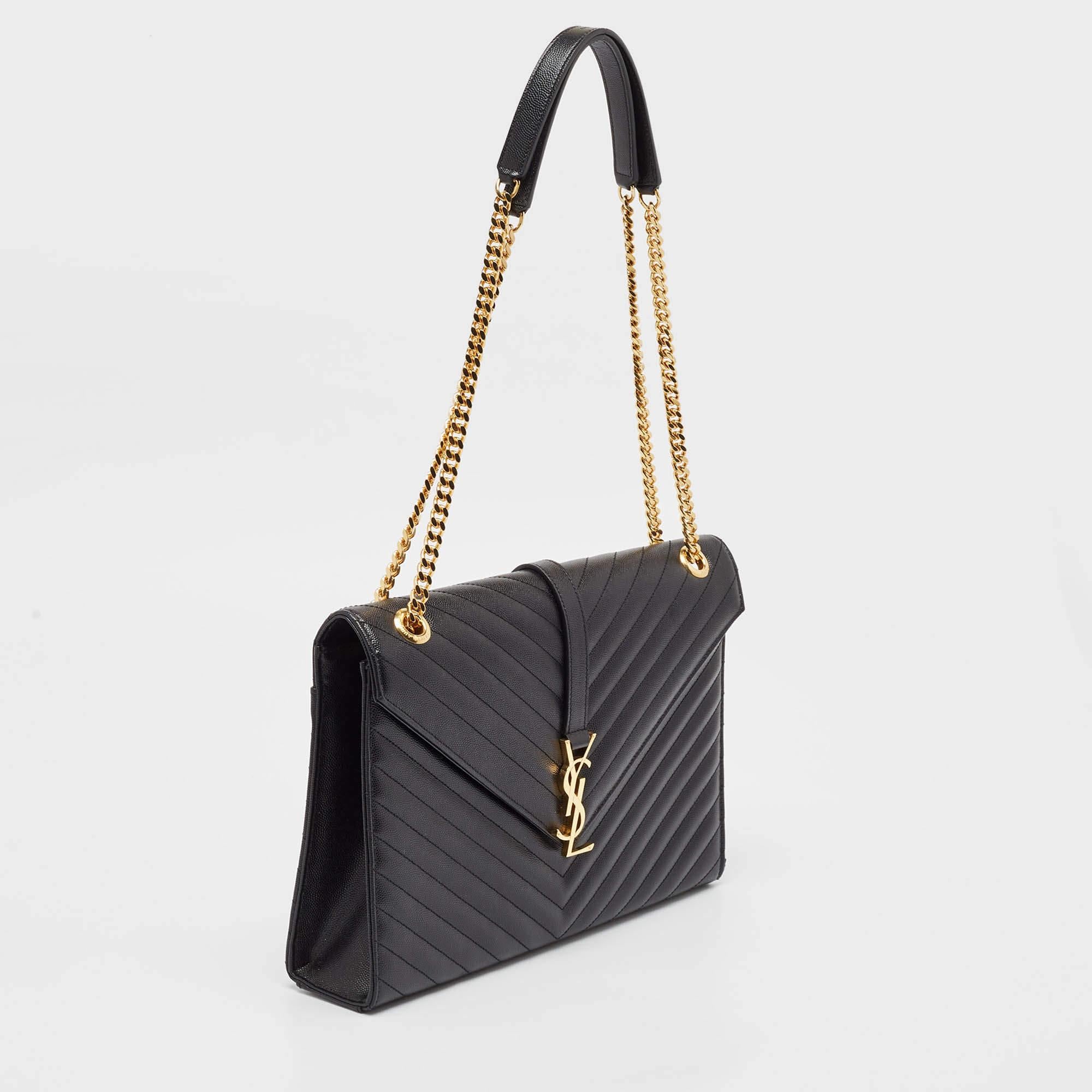 Saint Laurent Black Matelassé Leather Large Monogram Envelope Shoulder Bag In Excellent Condition In Dubai, Al Qouz 2