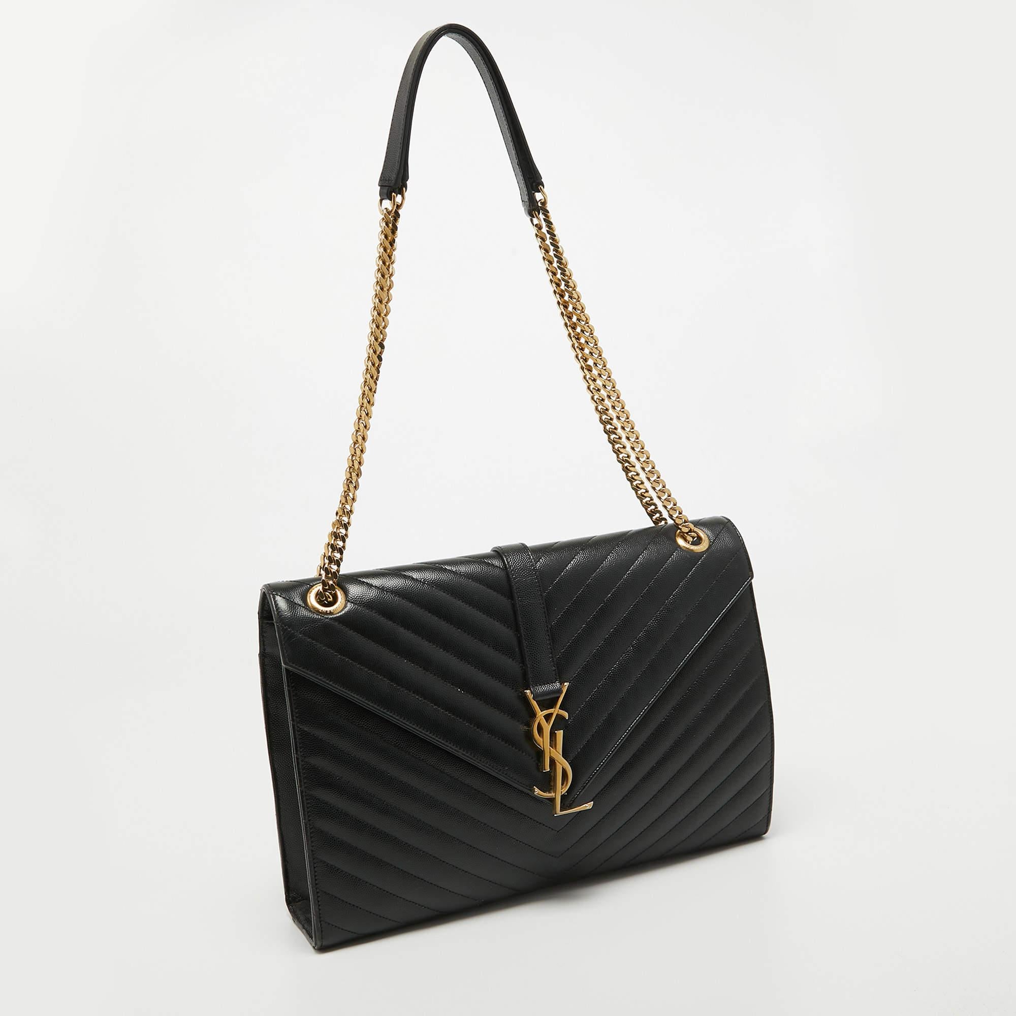 Saint Laurent Black Matelasse Leather Large Monogram Envelope Shoulder Bag In Good Condition In Dubai, Al Qouz 2