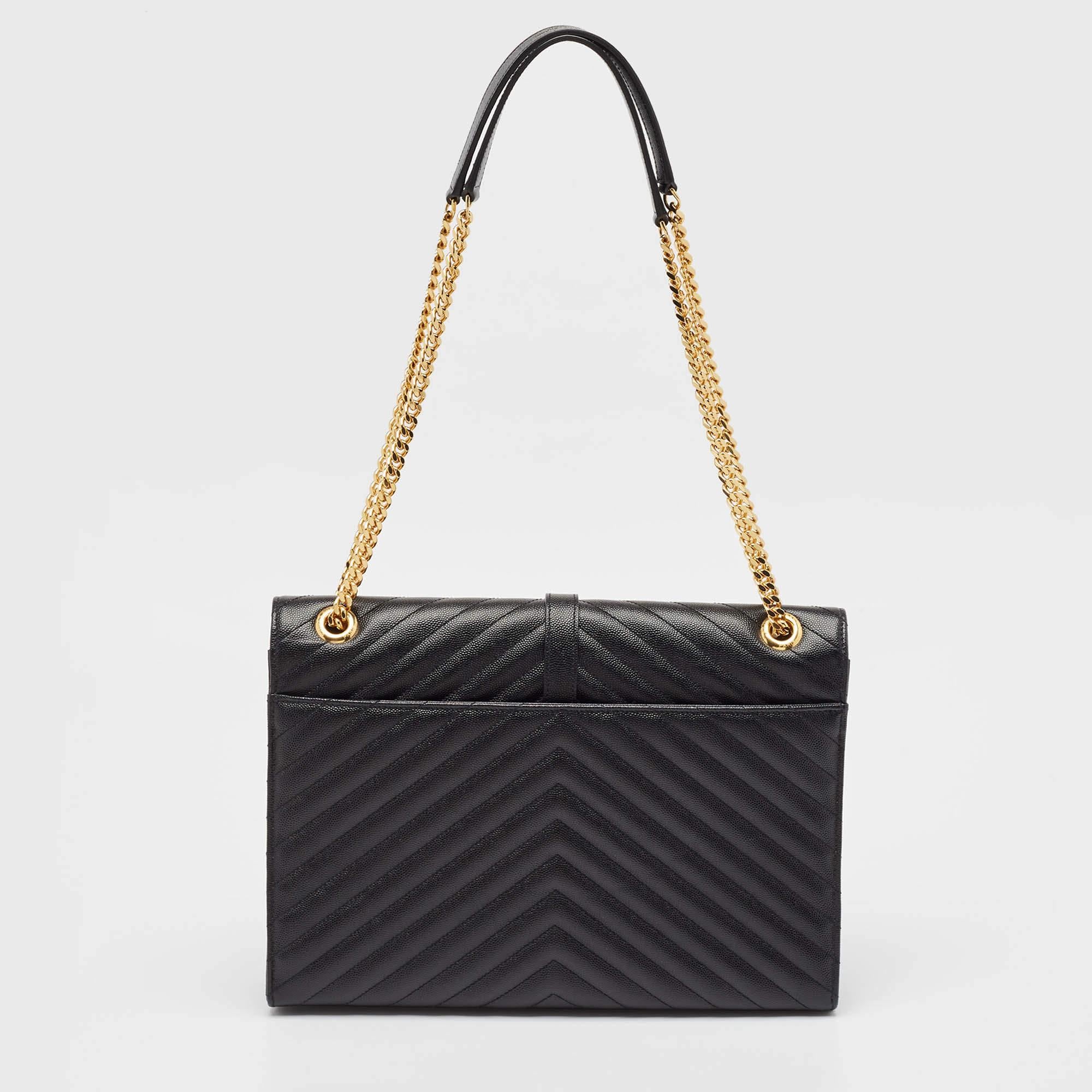Women's Saint Laurent Black Matelassé Leather Large Monogram Envelope Shoulder Bag