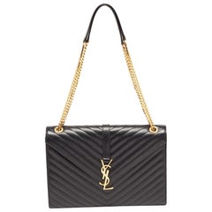 Saint Laurent Black Matelassé Leather Large Monogram Envelope Shoulder Bag