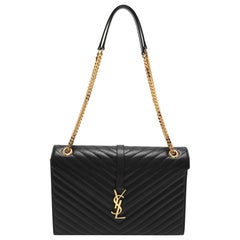 Saint Laurent Black Matelassé Leather Large Monogram Envelope Shoulder Bag
