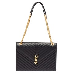 Saint Laurent Black Matelassé Leather Large Monogram Envelope Shoulder Bag