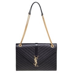 Saint Laurent Black Matelassé Leather Large Monogram Envelope Shoulder Bag