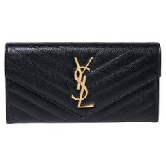 Saint Laurent Black Matelasse Leather Monogram Envelope Wallet