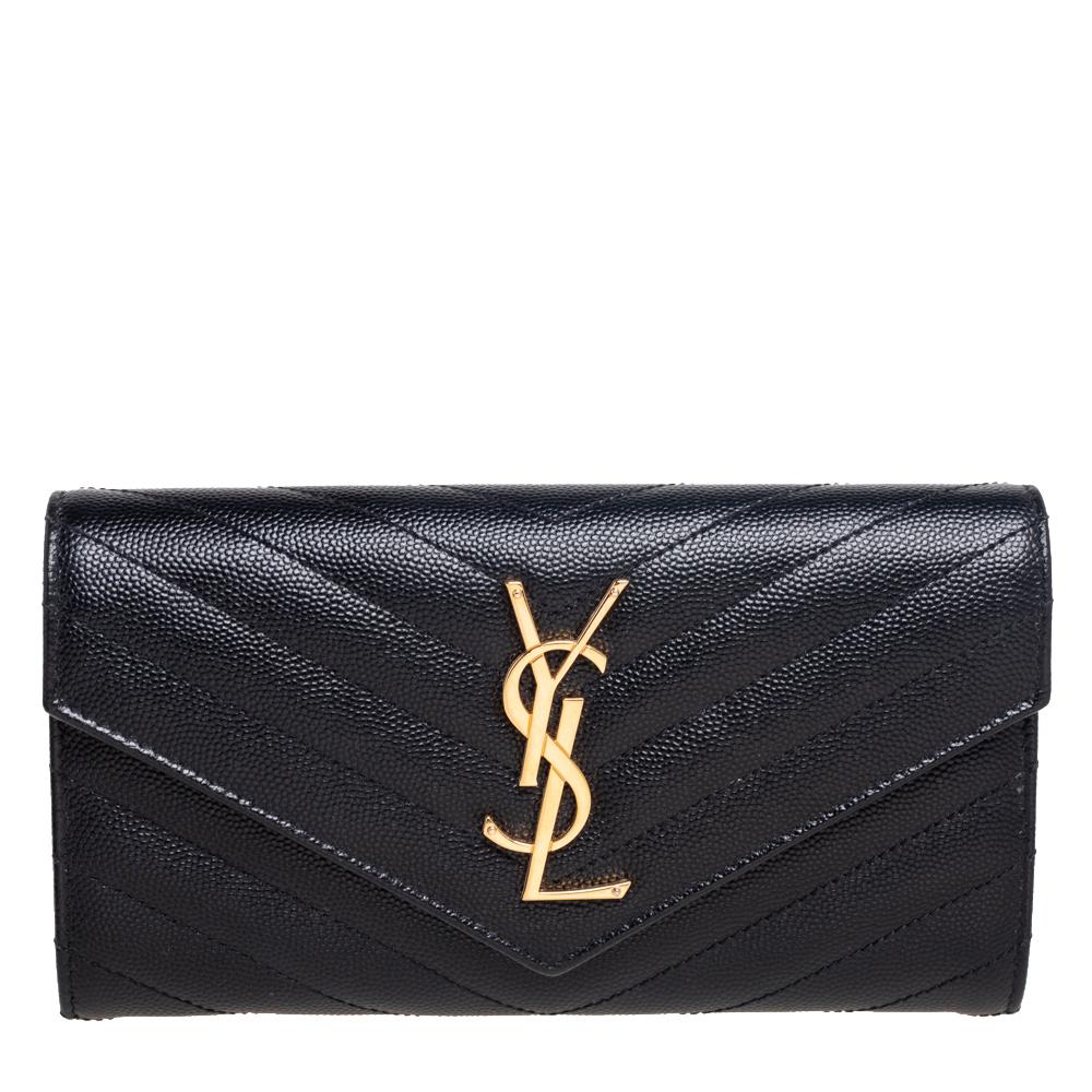 Saint Laurent Black Matelassé Leather Monogram Envelope Wallet