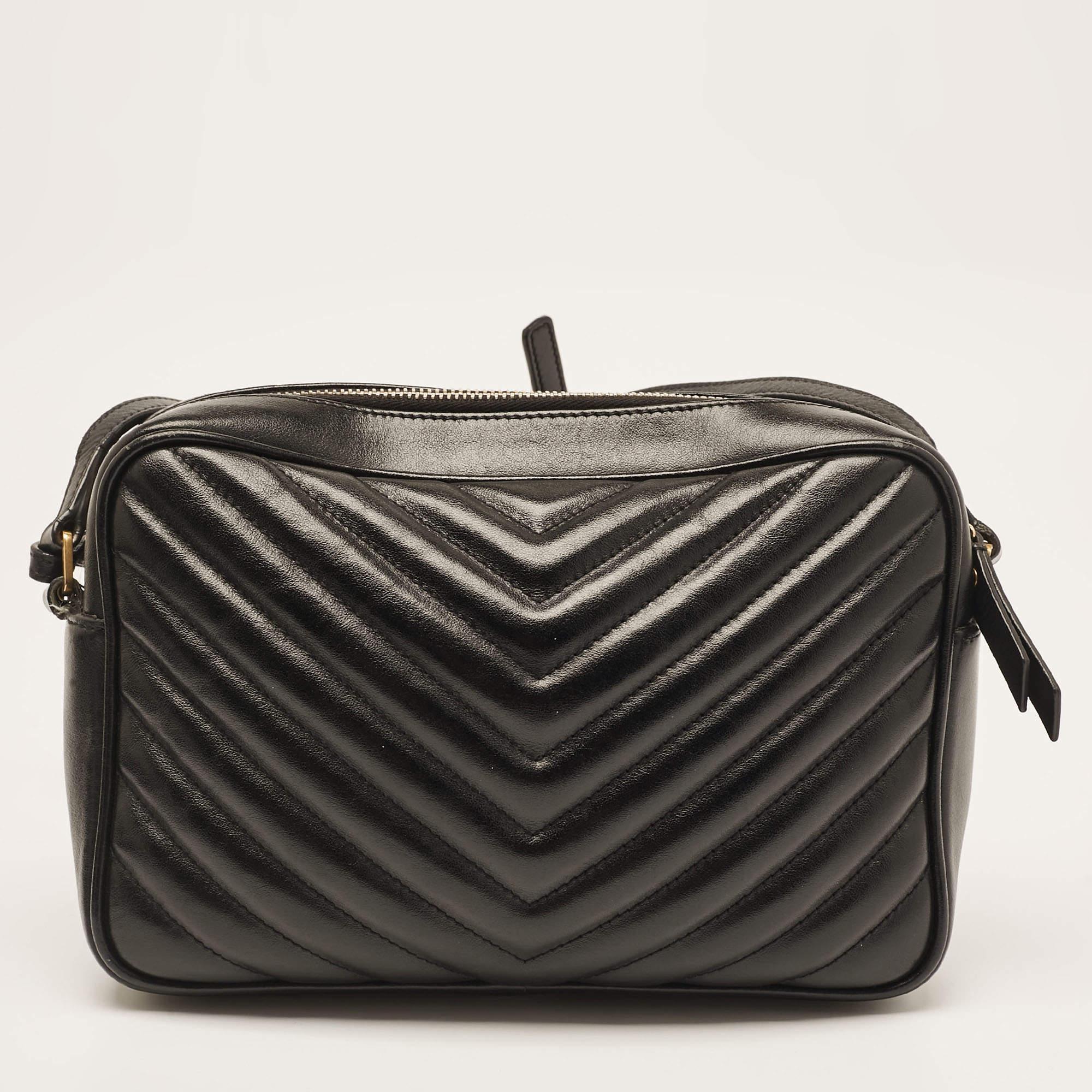 Women's Saint Laurent Black Matelassé Leather Monogram Lou Camera Bag
