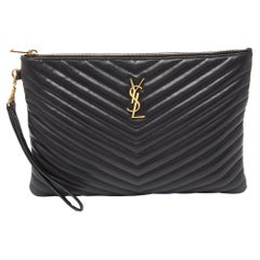 Saint Laurent Black Matelassé Leather Monogram Wristlet Pouch