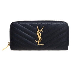 Saint Laurent Black Matelassé Leather Monogram Zip Around Wallet