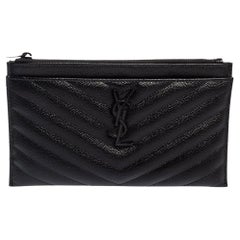 Saint Laurent Black Matelassé Quilted Leather Monogram Bill Pouch