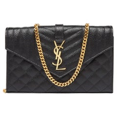 Saint Laurent Black Mix Matelassé Leather Monogram Envelope Wallet on Chain