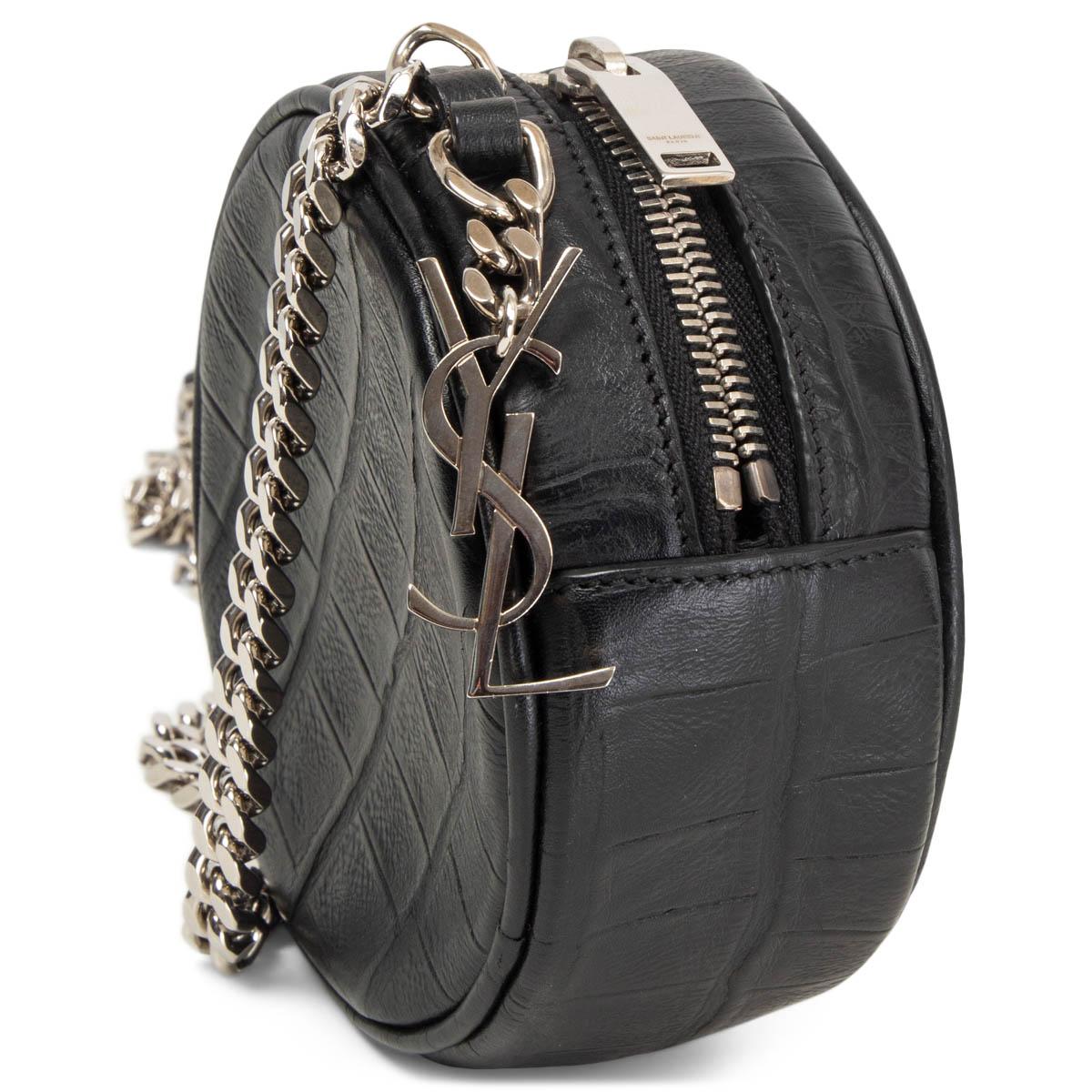 100% authentic Saint Laurent Monogram Bubble Small shoulder Bag in black croc embossed leather featuring silver-tone YSL logo charm and chain link shoulder-strap. Lined in black canvas. Has been carried once or twice and is in excellent condition.