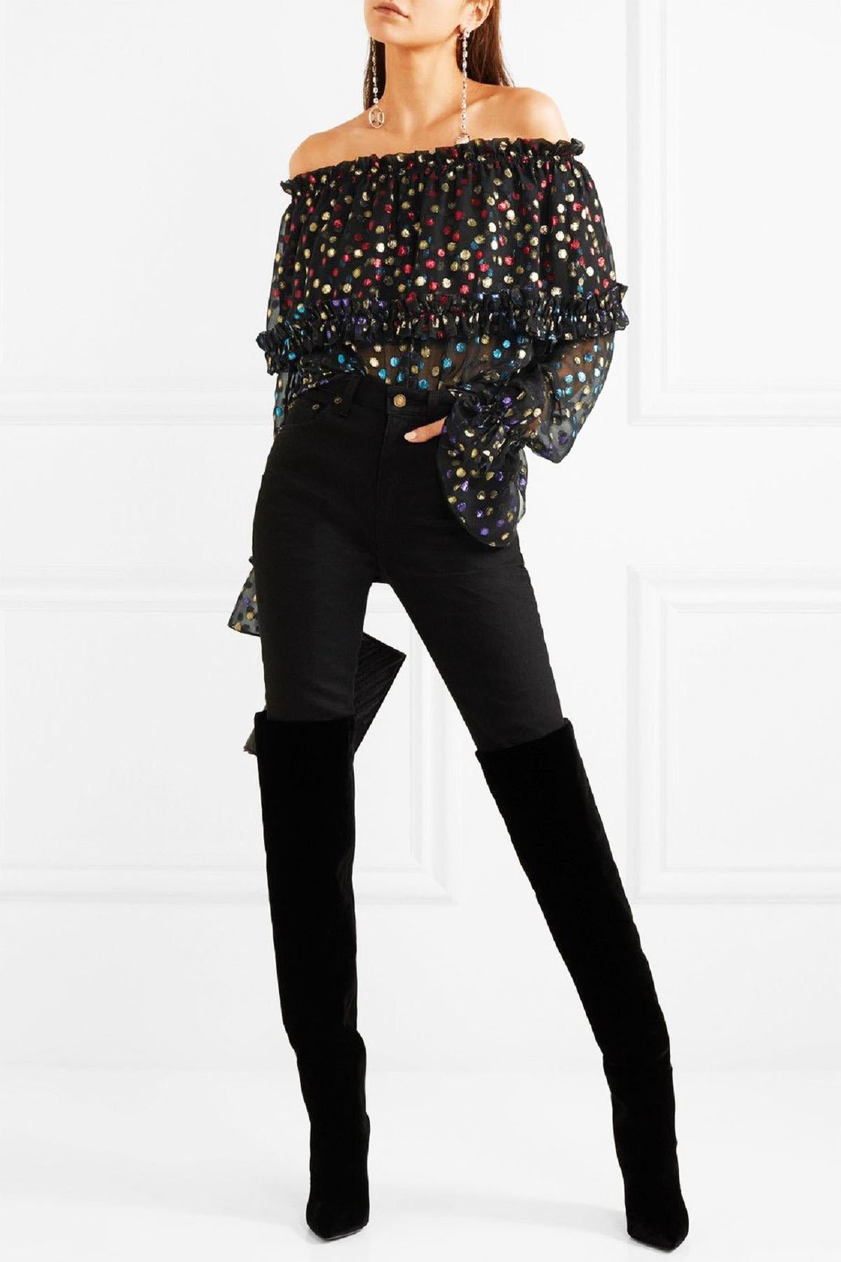New Saint Laurent Black Off-Shoulder Fil Coupe Chiffon Blouse
French size 42 ( oversize ) - US size 10
S/S 2018 Runway Collection
Saint Laurent's party blouse twinkles with hundreds of colorful metallic fil coupé polka-dots, which are more than