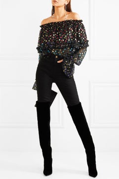 SAINT LAURENT  Black Off-Shoulder Fil Coupé Chiffon Polka Dot Blouse Top Fr. 42