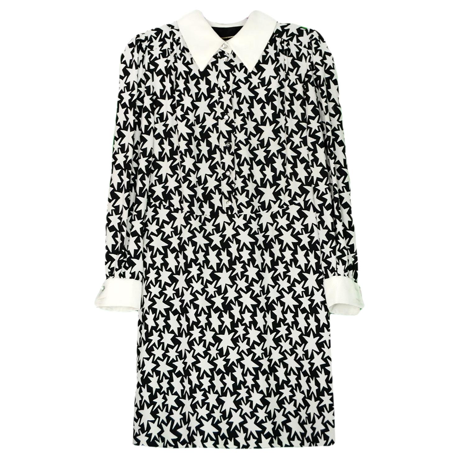 Saint Laurent Black/Off-white Star Print Schoolgirl Collar Dress sz 8