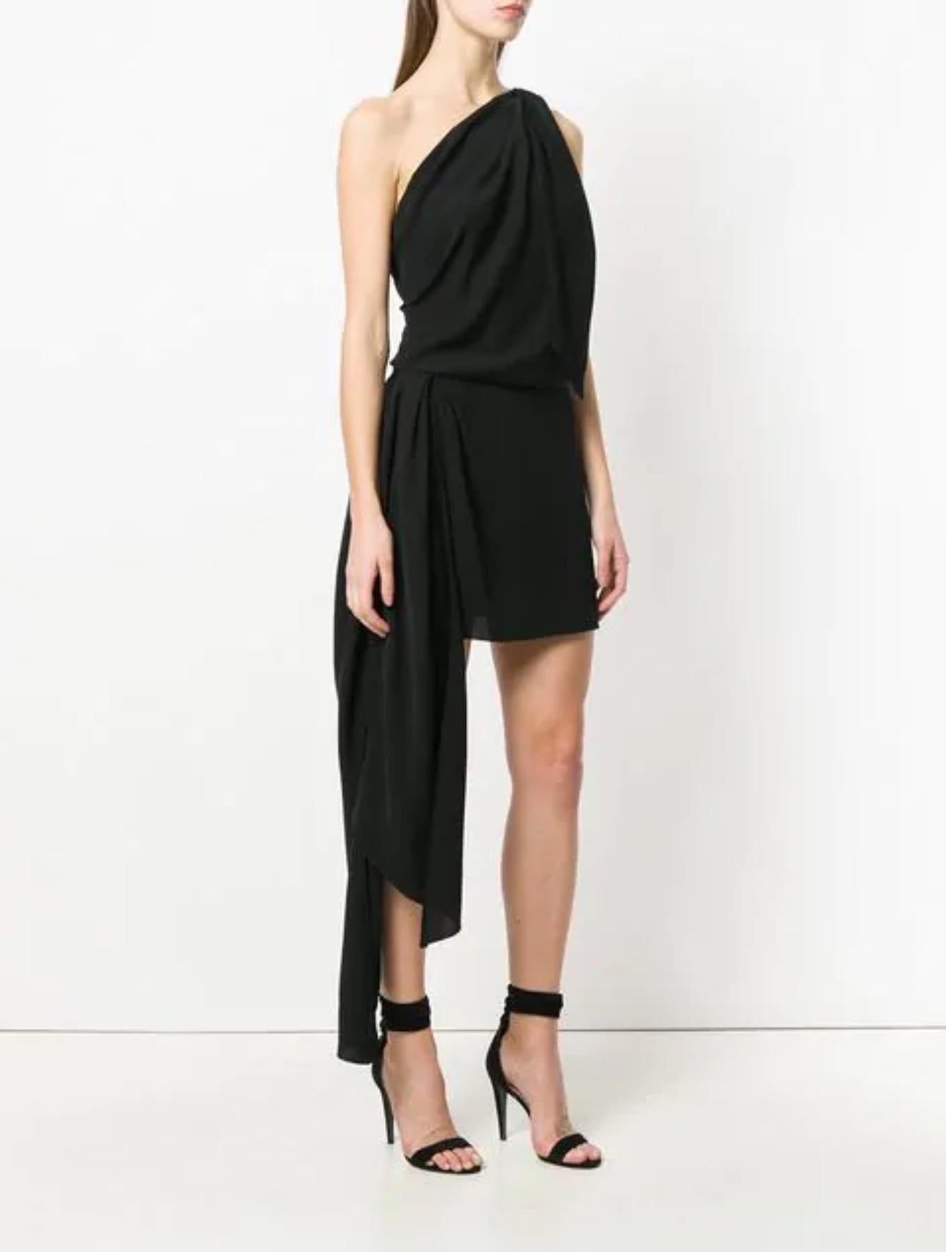 Saint Laurent Black One Shoulder Draped Asymmetrical Mini Dress Size 40 ...