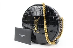 Saint Laurent Black Patent Croc YSL Monogram Round Crossbody Chain Bag s210sl56