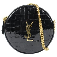 Saint Laurent Black Patent Croc YSL Monogram Round Crossbody Chain Bag s210sl56