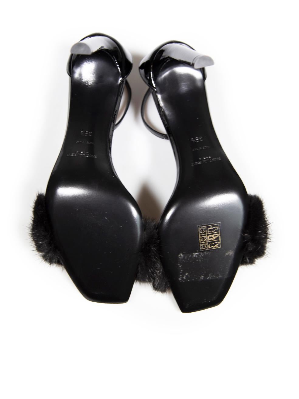 Women's Saint Laurent Black Patent Fur Trimmed Heels Size IT 38.5 For Sale