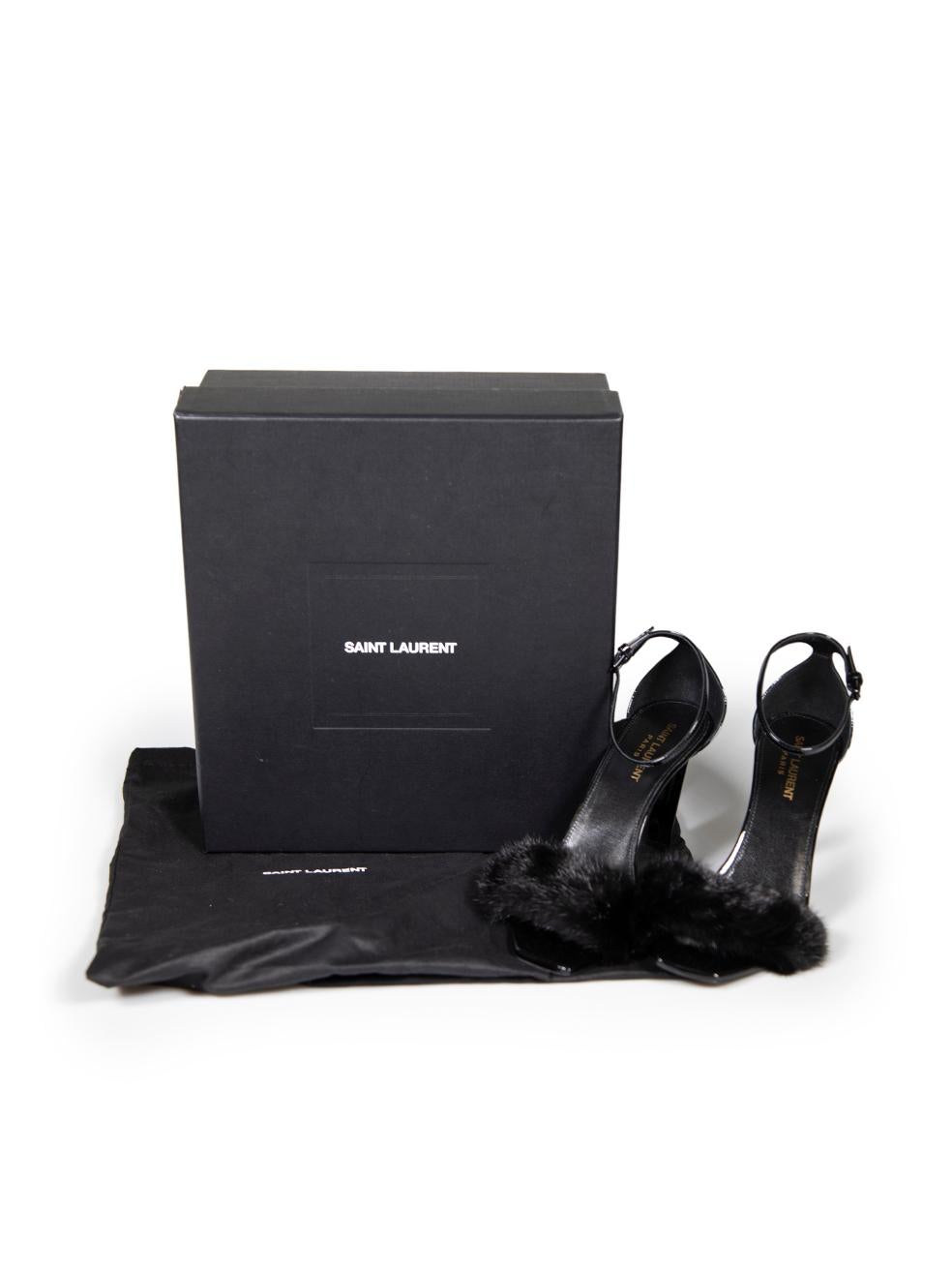 Saint Laurent Black Patent Fur Trimmed Heels Size IT 38.5 For Sale 1