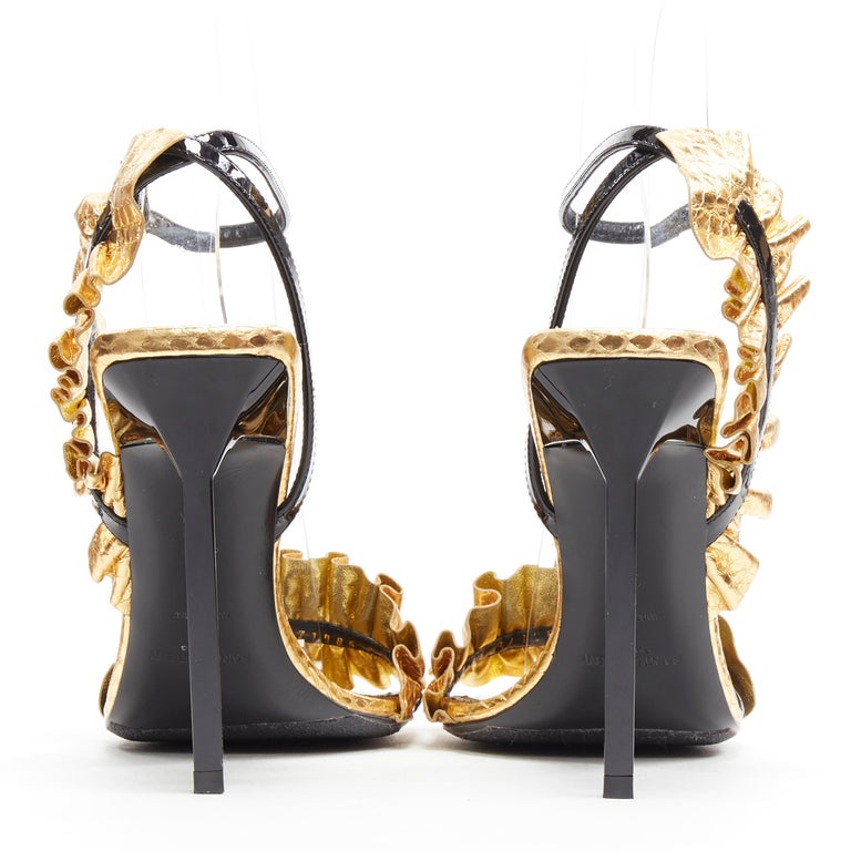 SAINT LAURENT black patent gold textured leather pleated frill sandals ...