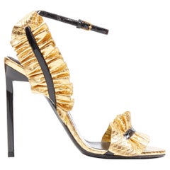 SAINT LAURENT black  patent gold textured leather pleated frill sandals EU36