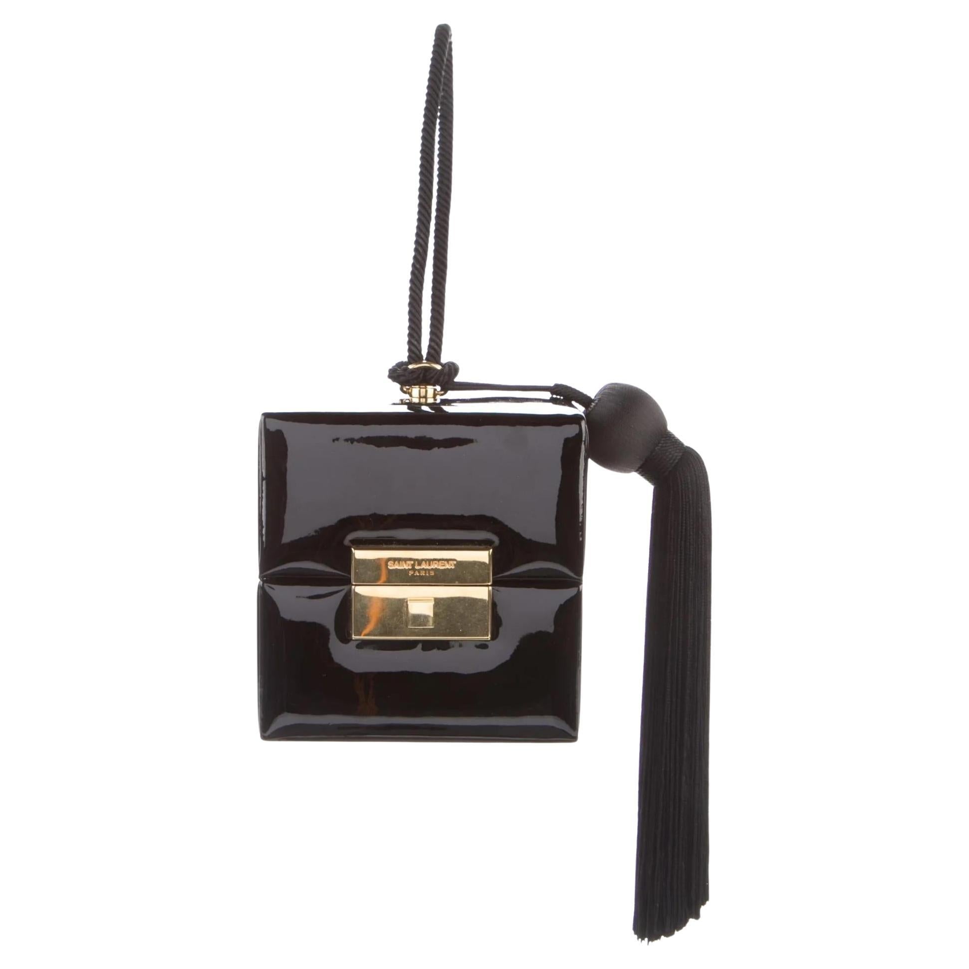 Saint Laurent Black Patent Jerry Box Bag Wristlet (538454) For Sale