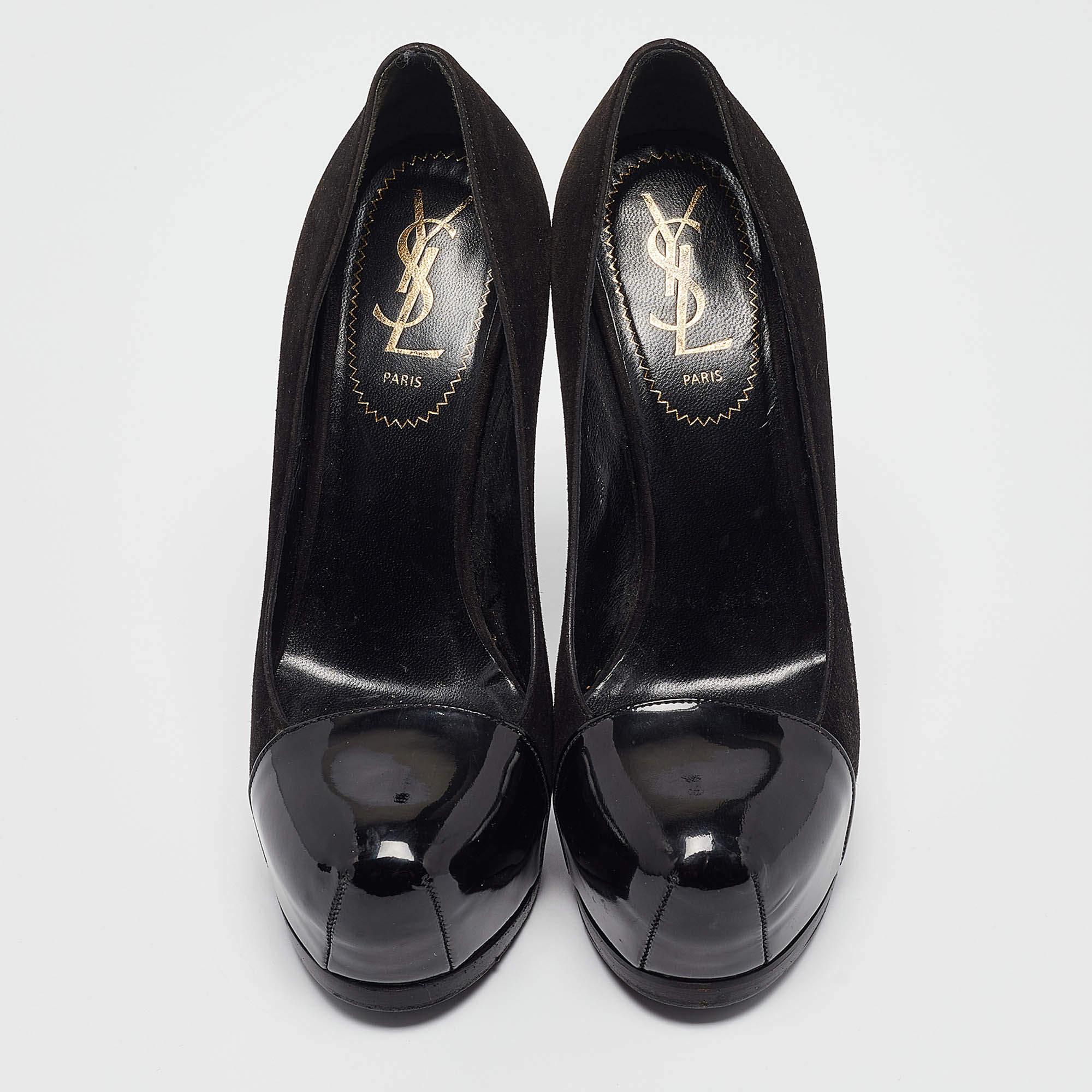 Saint Laurent Black Patent Leather and Suede Tribtoo Platform Pumps Size 36 In Good Condition For Sale In Dubai, Al Qouz 2