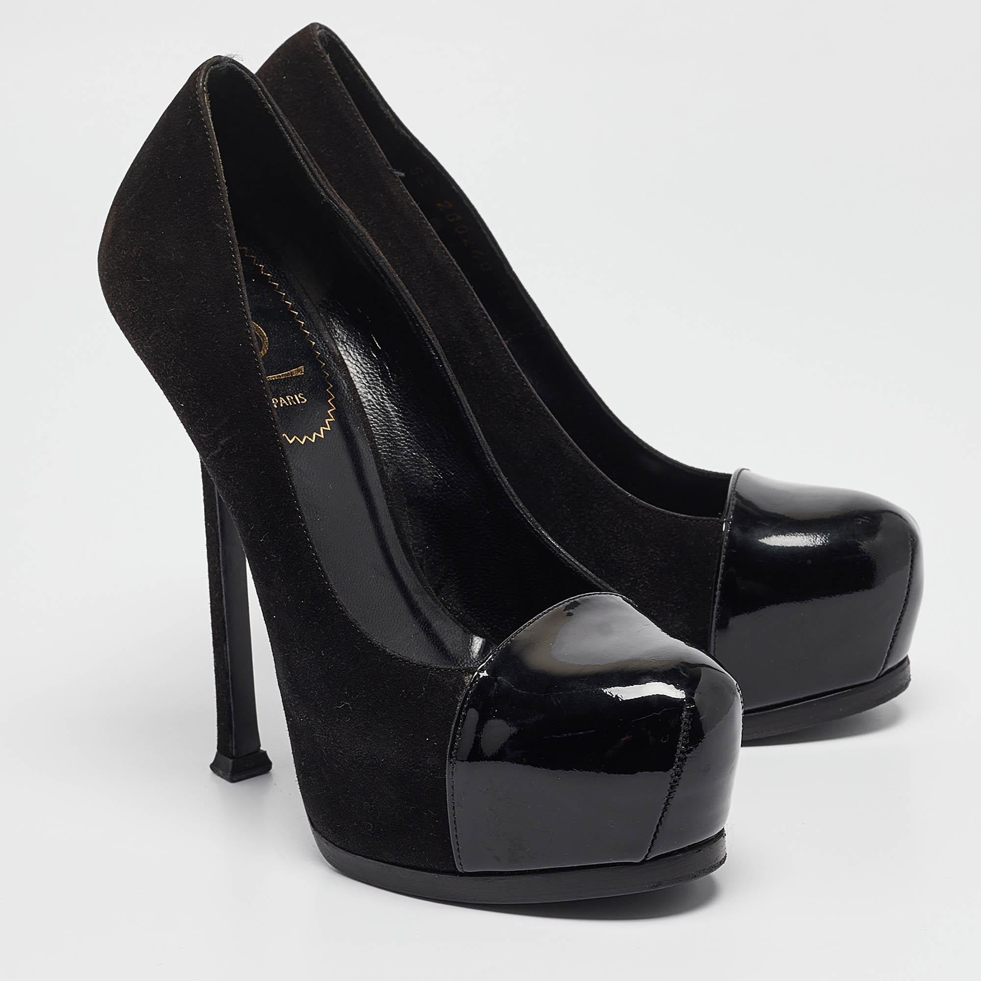 Women's Saint Laurent Black Patent Leather and Suede Tribtoo Platform Pumps Size 36 For Sale