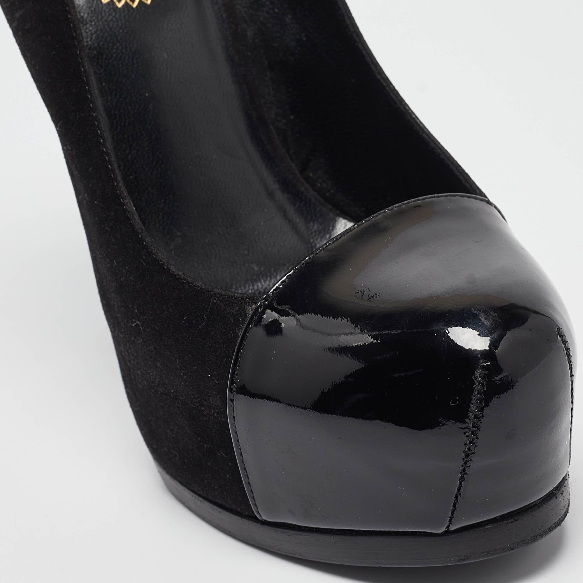 Saint Laurent Black Patent Leather and Suede Tribtoo Platform Pumps Size 36 For Sale 3