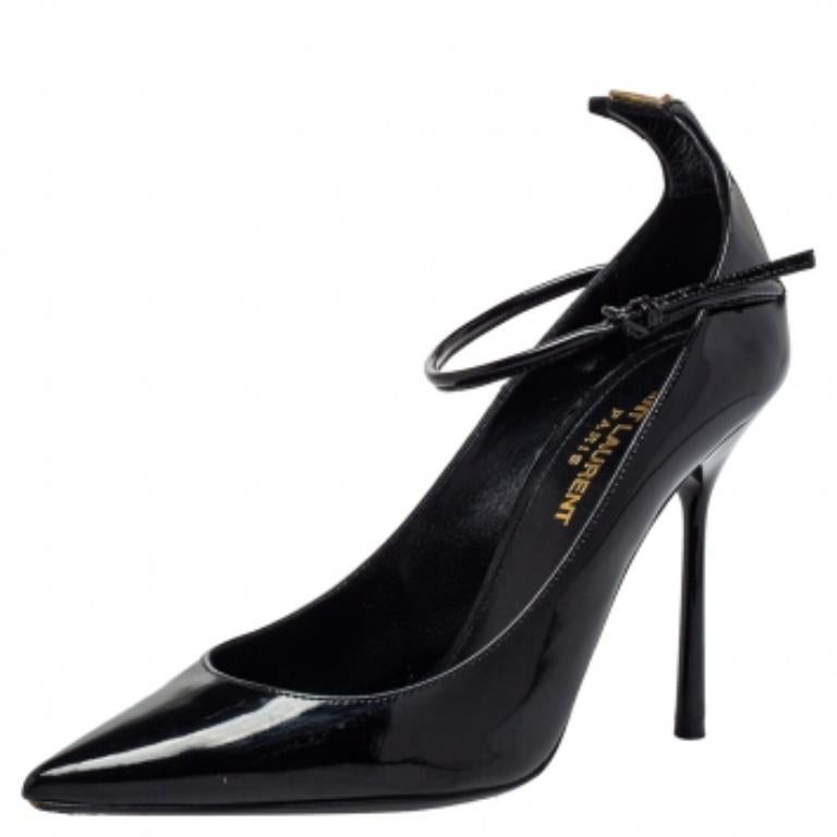 Saint Laurent Black Patent Leather Ankle Strap Pumps Size 35 In Good Condition For Sale In Dubai, Al Qouz 2